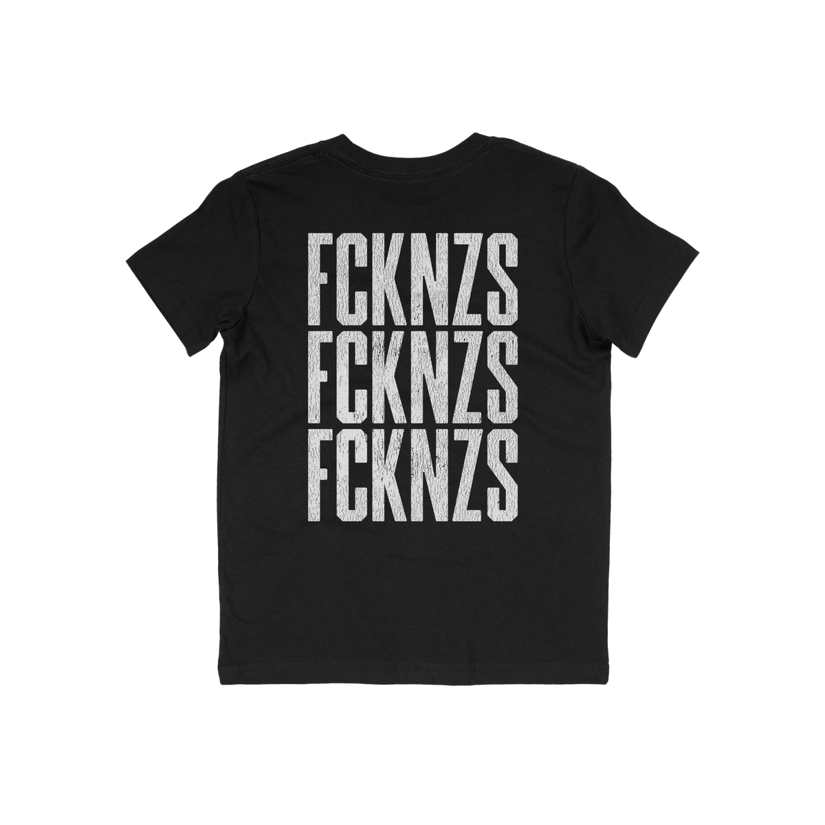 Black FCKNZS T-shirt back with distressed white text, FCKNZS, stacked thrice. Anti-fascist design embodying strong protest me