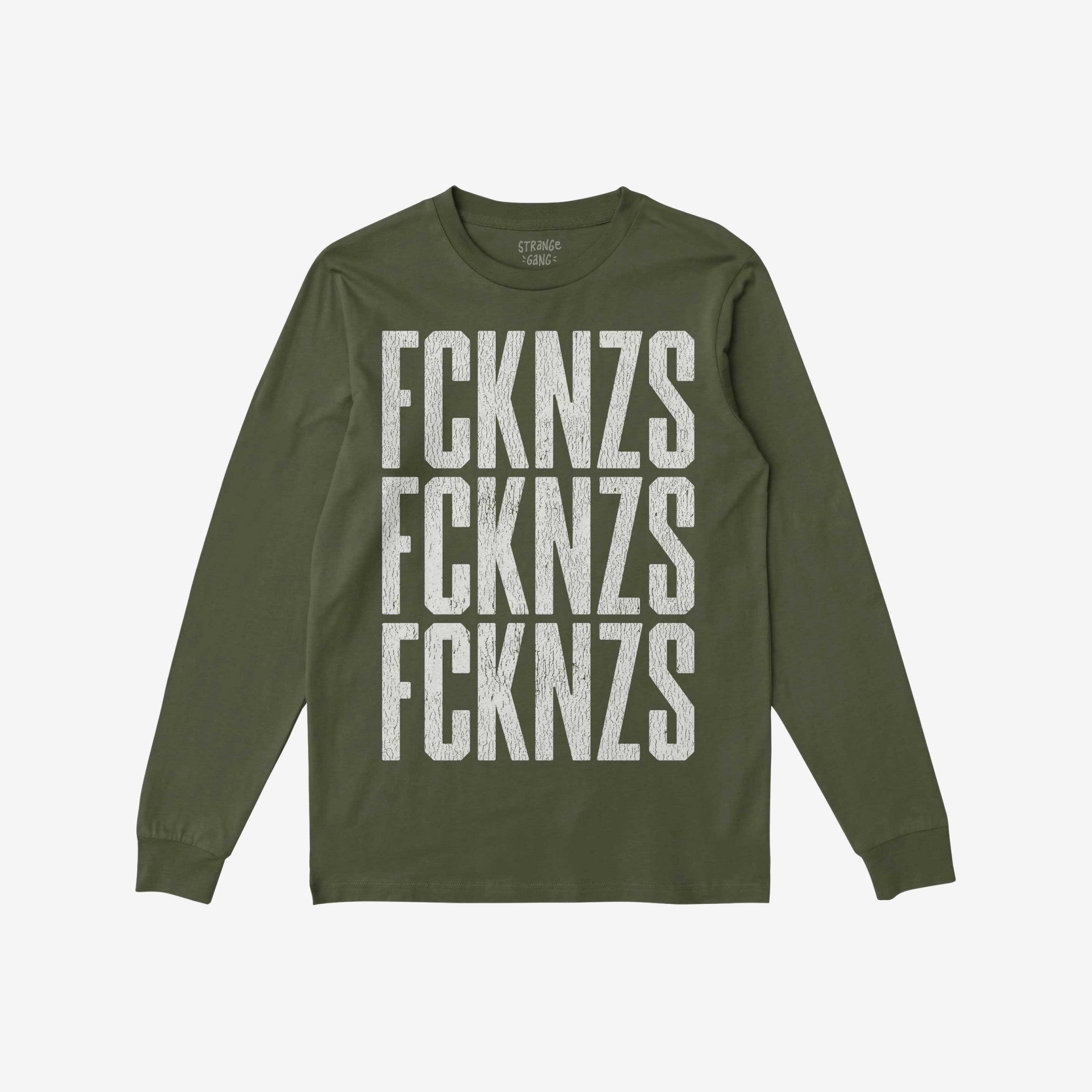Olive-green FCKNZS T-shirt with distressed white block letters stacked vertically, embodying an anti-fascist message. Long-sleeve design laid flat, showcasing bold protest statement against hate.