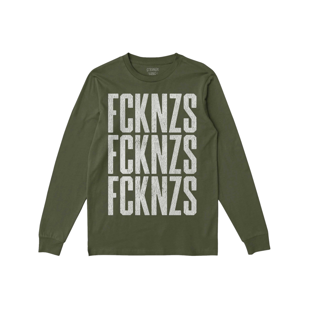 Olive-green FCKNZS T-shirt with distressed white block letters stacked vertically, embodying an anti-fascist message. Long-sl