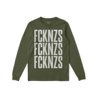 Olive-green FCKNZS T-shirt with distressed white block letters stacked vertically, embodying an anti-fascist message. Long-sl