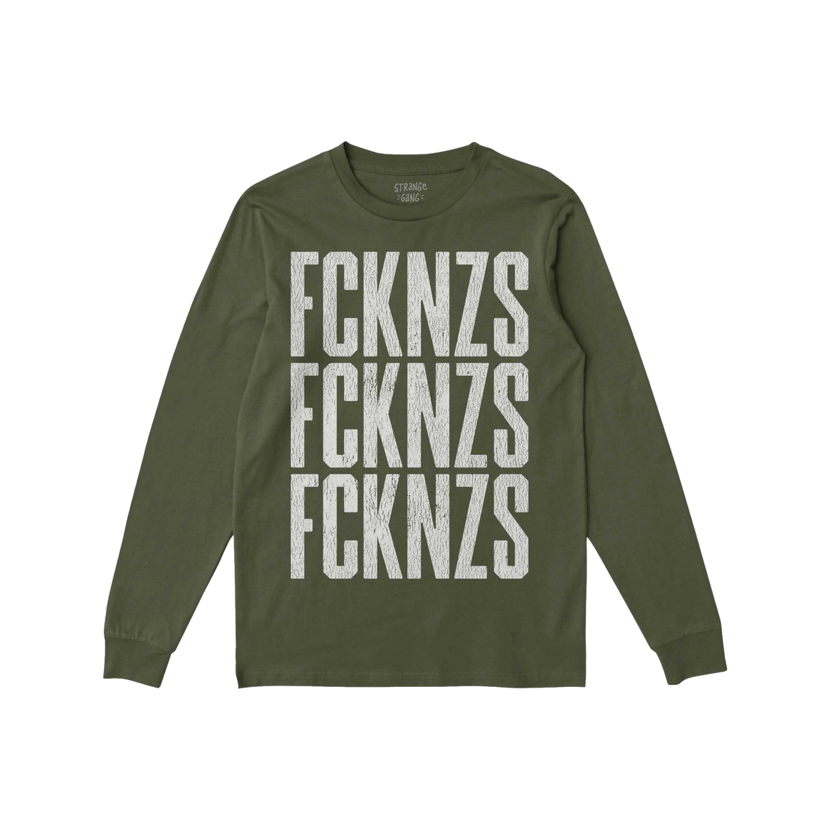Olive-green FCKNZS T-shirt with distressed white block letters stacked vertically, embodying an anti-fascist message. Long-sl