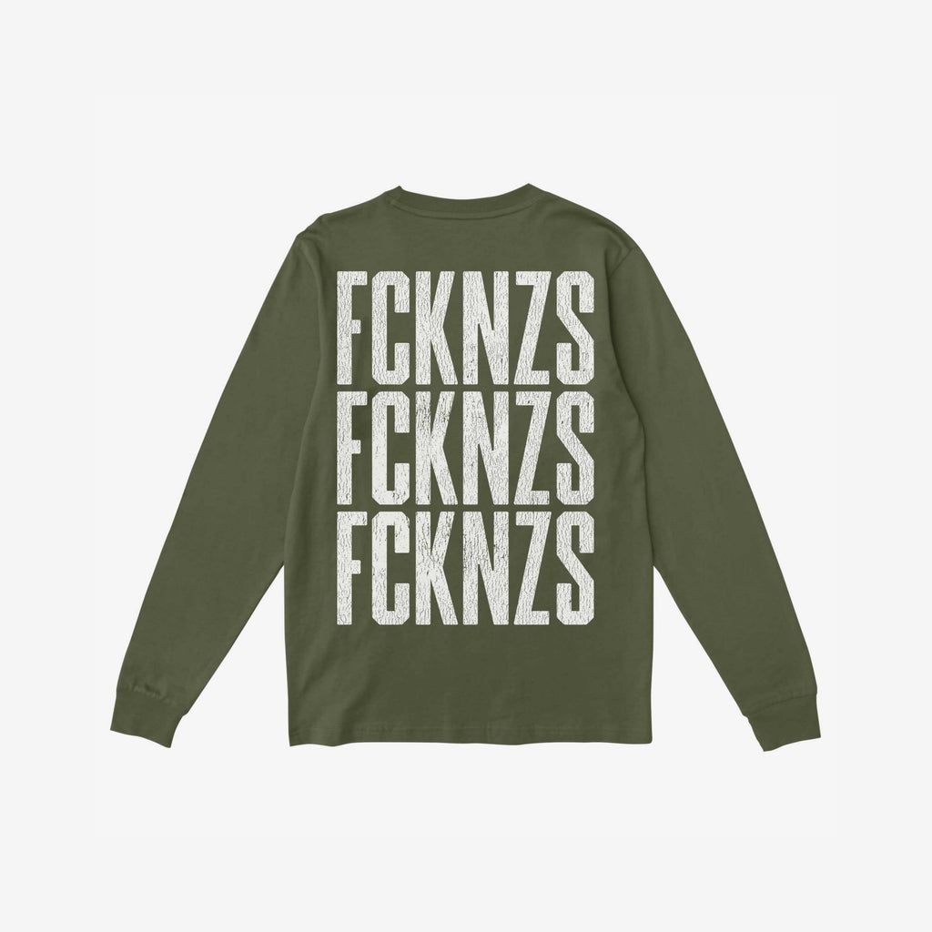 Olive-green FCKNZS T-shirt featuring bold white, distressed-style print on the back, showcasing an anti-fascist message in three stacked rows, ideal for expressing strong community values and resistance.