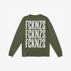 Olive-green FCKNZS T-shirt featuring bold white, distressed-style print on the back, showcasing an anti-fascist message in three stacked rows, ideal for expressing strong community values and resistance.
