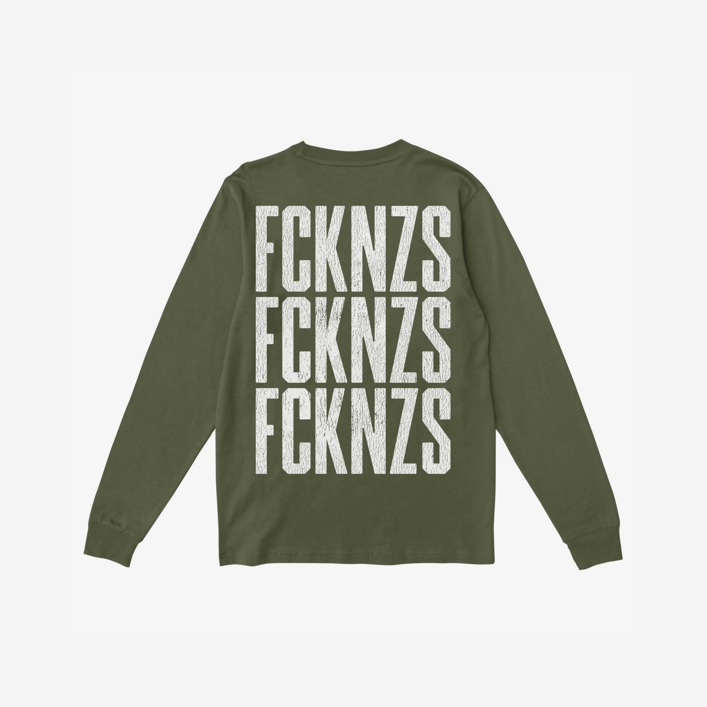 Olive-green FCKNZS T-shirt featuring bold white, distressed-style print on the back, showcasing an anti-fascist message in three stacked rows, ideal for expressing strong community values and resistance.