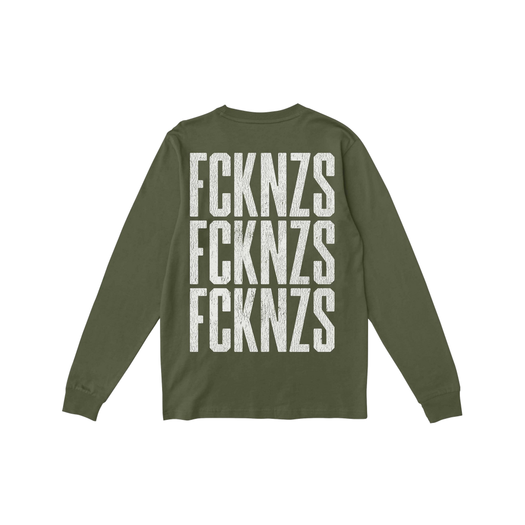 Olive-green FCKNZS T-shirt featuring bold white, distressed-style print on the back, showcasing an anti-fascist message in th