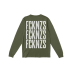 Olive-green FCKNZS T-shirt featuring bold white, distressed-style print on the back, showcasing an anti-fascist message in th