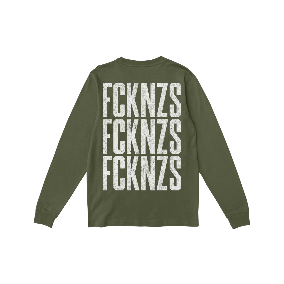 Olive-green FCKNZS T-shirt featuring bold white, distressed-style print on the back, showcasing an anti-fascist message in th