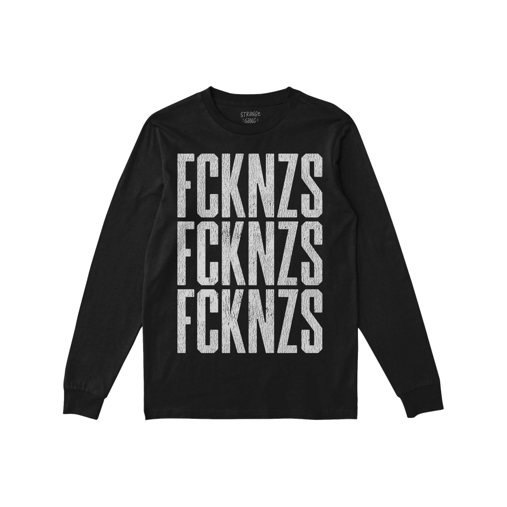 Black long-sleeve FCKNZS T-shirt with bold, distressed white print stacked thrice on front, conveying an anti-fascist message