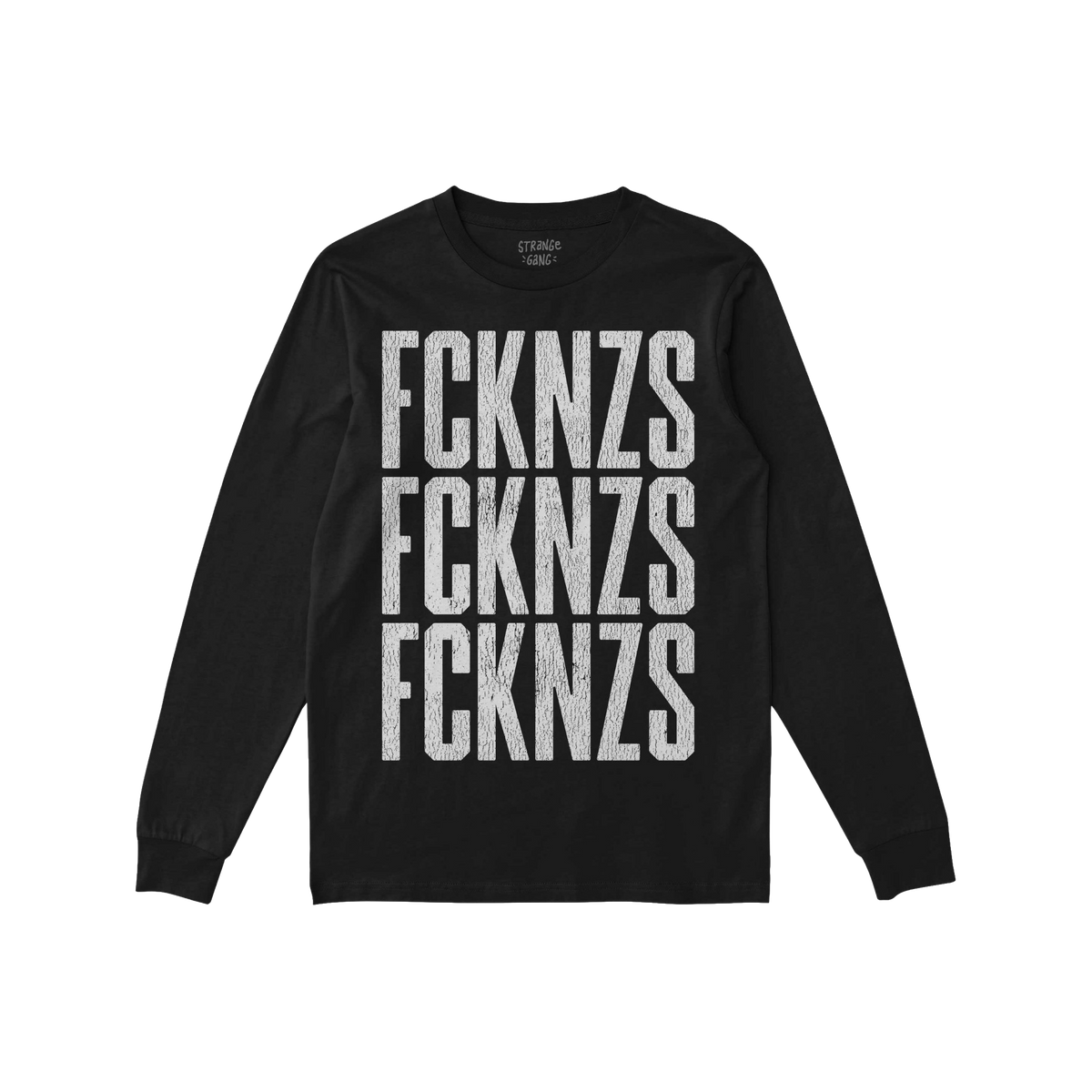 Black long-sleeve FCKNZS T-shirt with bold, distressed white print stacked thrice on front, conveying an anti-fascist message
