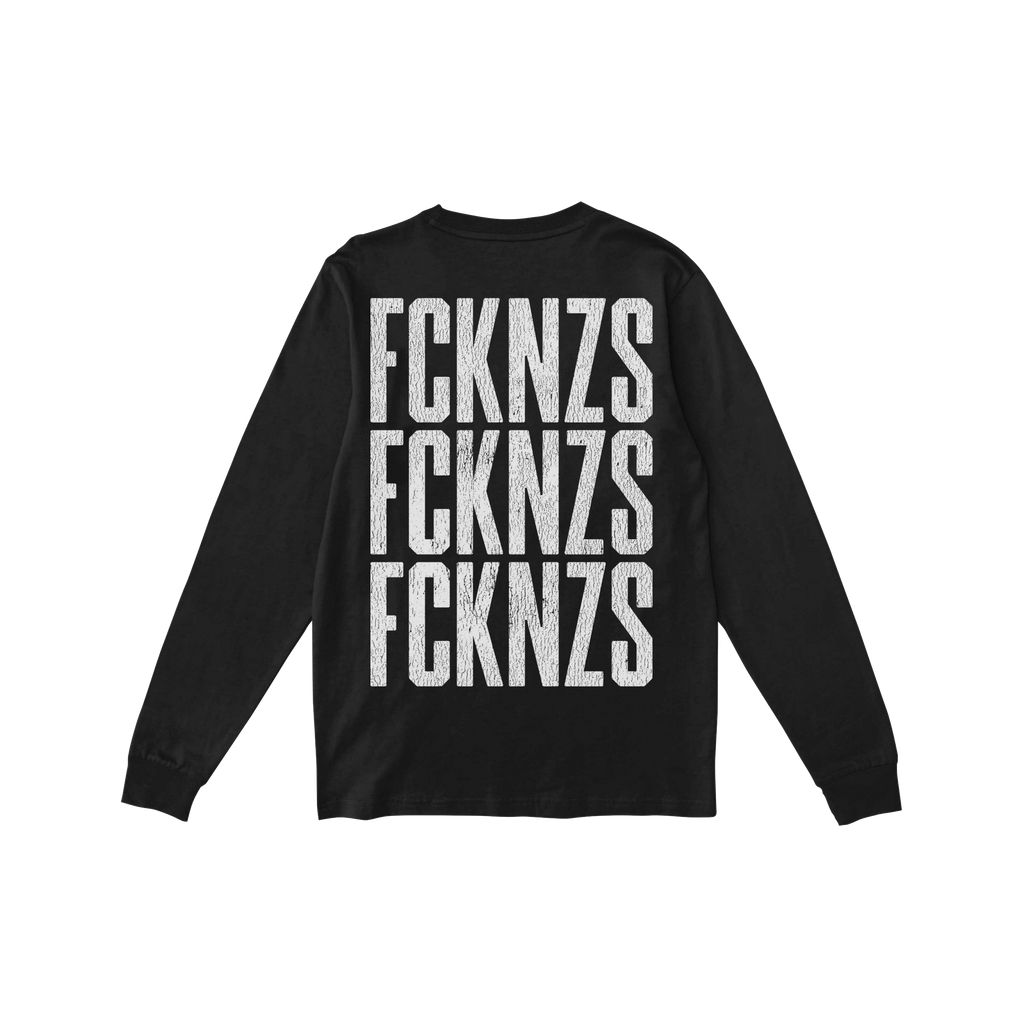 Black long-sleeve FCKNZS T-shirt with bold, distressed white lettering FCKNZS stacked three times on the back, promoting an a