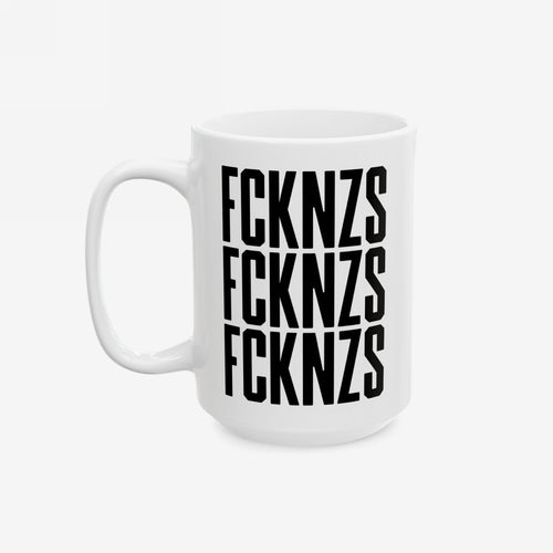FCKNZS Mug with bold black slogan, 'FCKNZS' repeated thrice, embodies anti-fascist sentiment. Available in 11 oz. or 15 oz., it's ceramic, dishwasher, and microwave safe, ideal for daily protest.