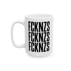 FCKNZS Mug with bold black slogan, 'FCKNZS' repeated thrice, embodies anti-fascist sentiment. Available in 11 oz. or 15 oz., 