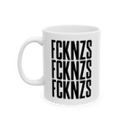 FCKNZS Mug with bold black graphic text, FCKNZS, stacked thrice in uppercase on a white ceramic mug. Available in 11 oz. and 
