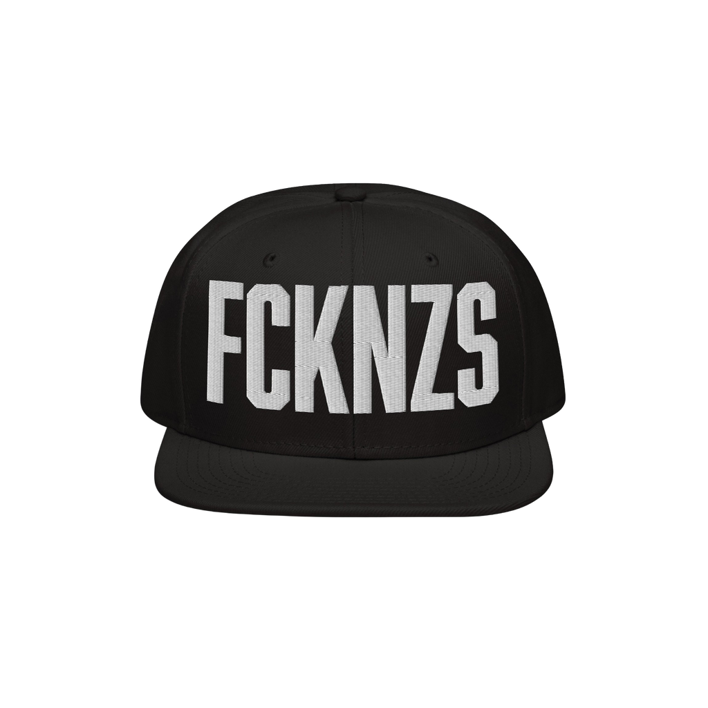 Black flat-brim snapback hat featuring bold white embroidered letters FCKNZS, representing an anti-fascist stance. Designed f