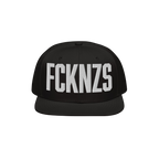 Black flat-brim snapback hat featuring bold white embroidered letters FCKNZS, representing an anti-fascist stance. Designed f