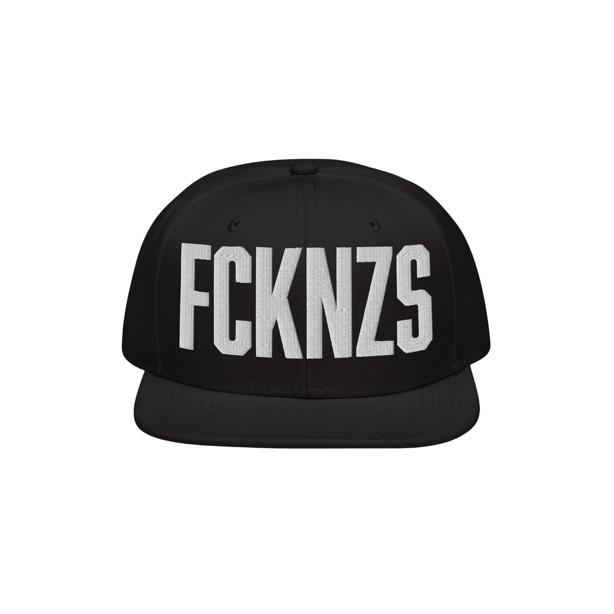 Black flat-brim snapback hat featuring bold white embroidered letters FCKNZS, representing an anti-fascist stance. Designed f