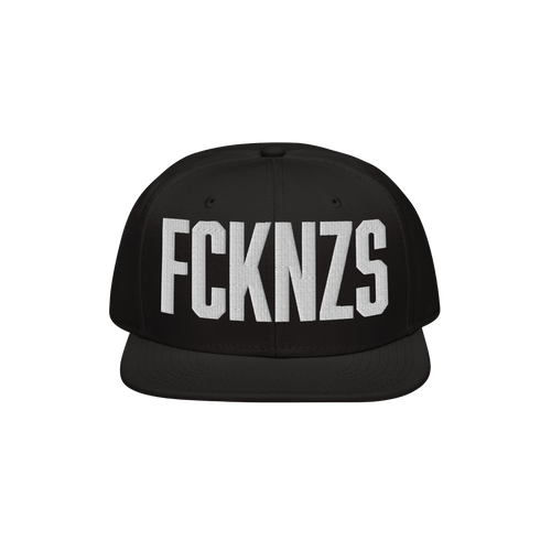 Black flat-brim snapback hat featuring bold white embroidered letters FCKNZS, representing an anti-fascist stance. Designed f