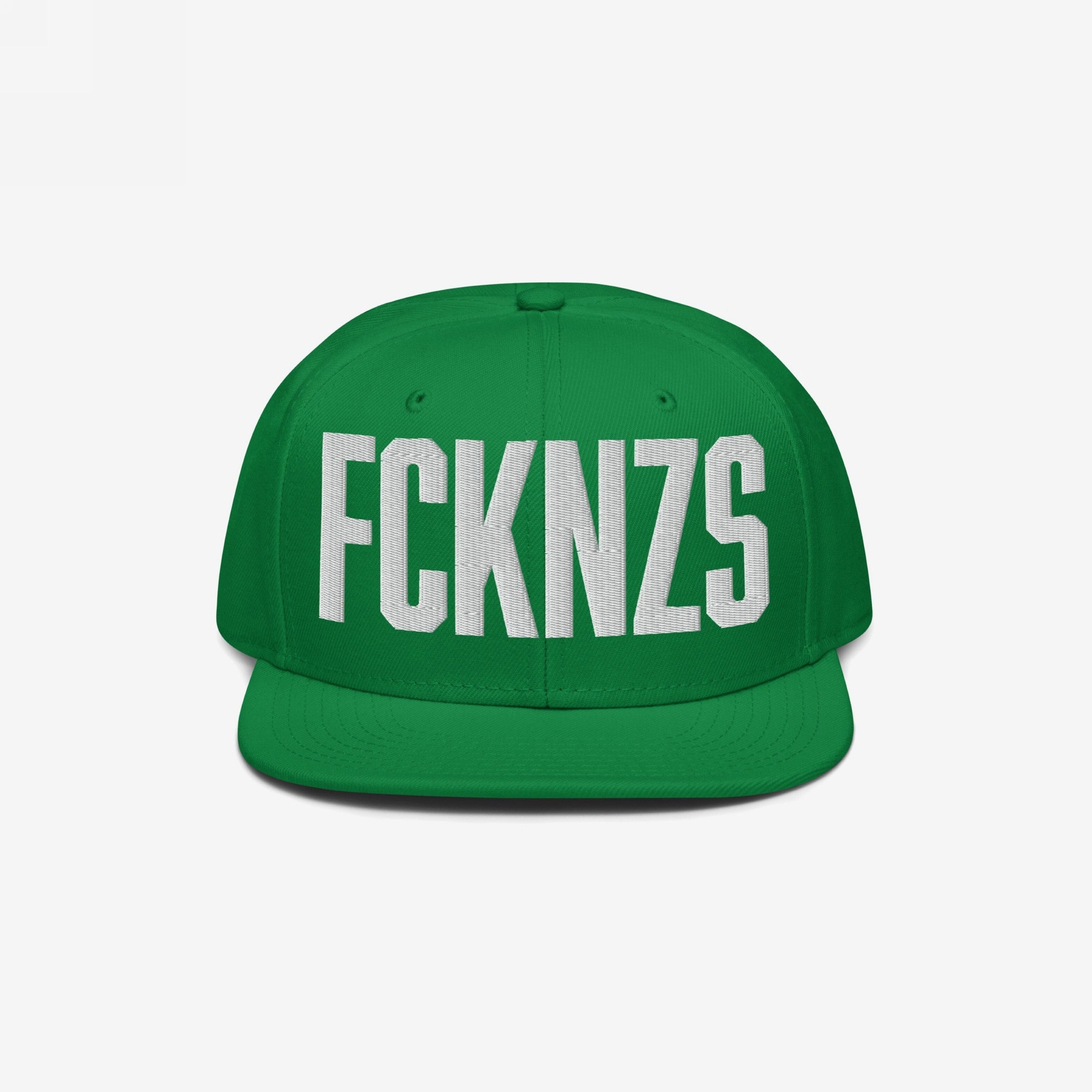 Green FCKNZS Hat featuring a flat-brim snapback style with bold white embroidered letters, embodying an anti-fascist message.