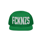 Green FCKNZS Hat featuring a flat-brim snapback style with bold white embroidered letters, embodying an anti-fascist message.