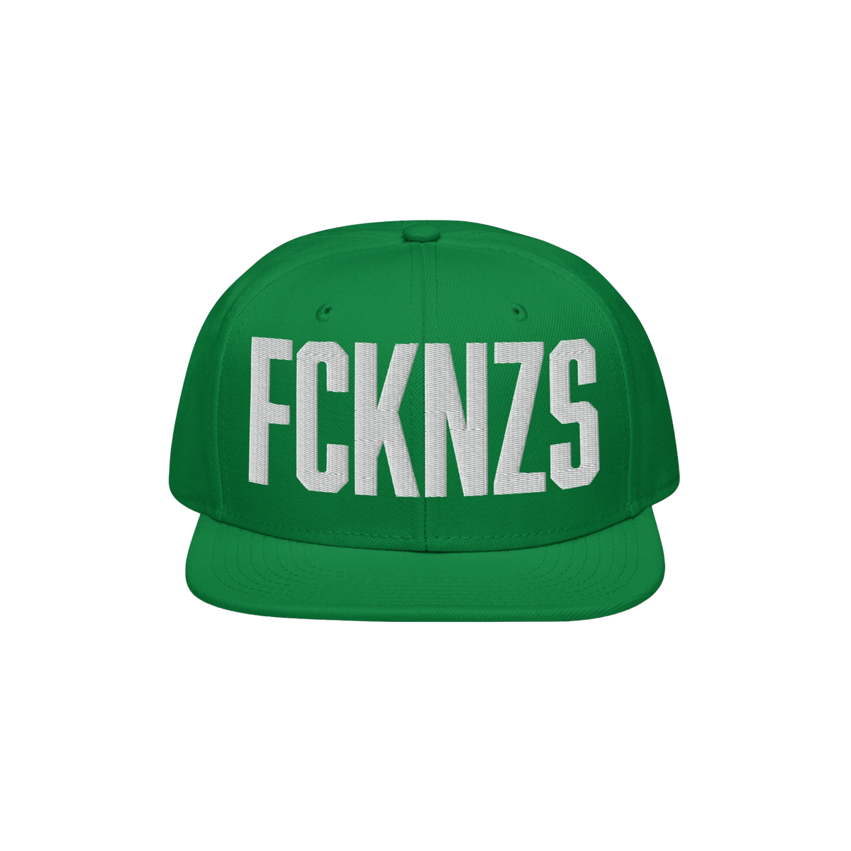 Green FCKNZS Hat featuring a flat-brim snapback style with bold white embroidered letters, embodying an anti-fascist message.