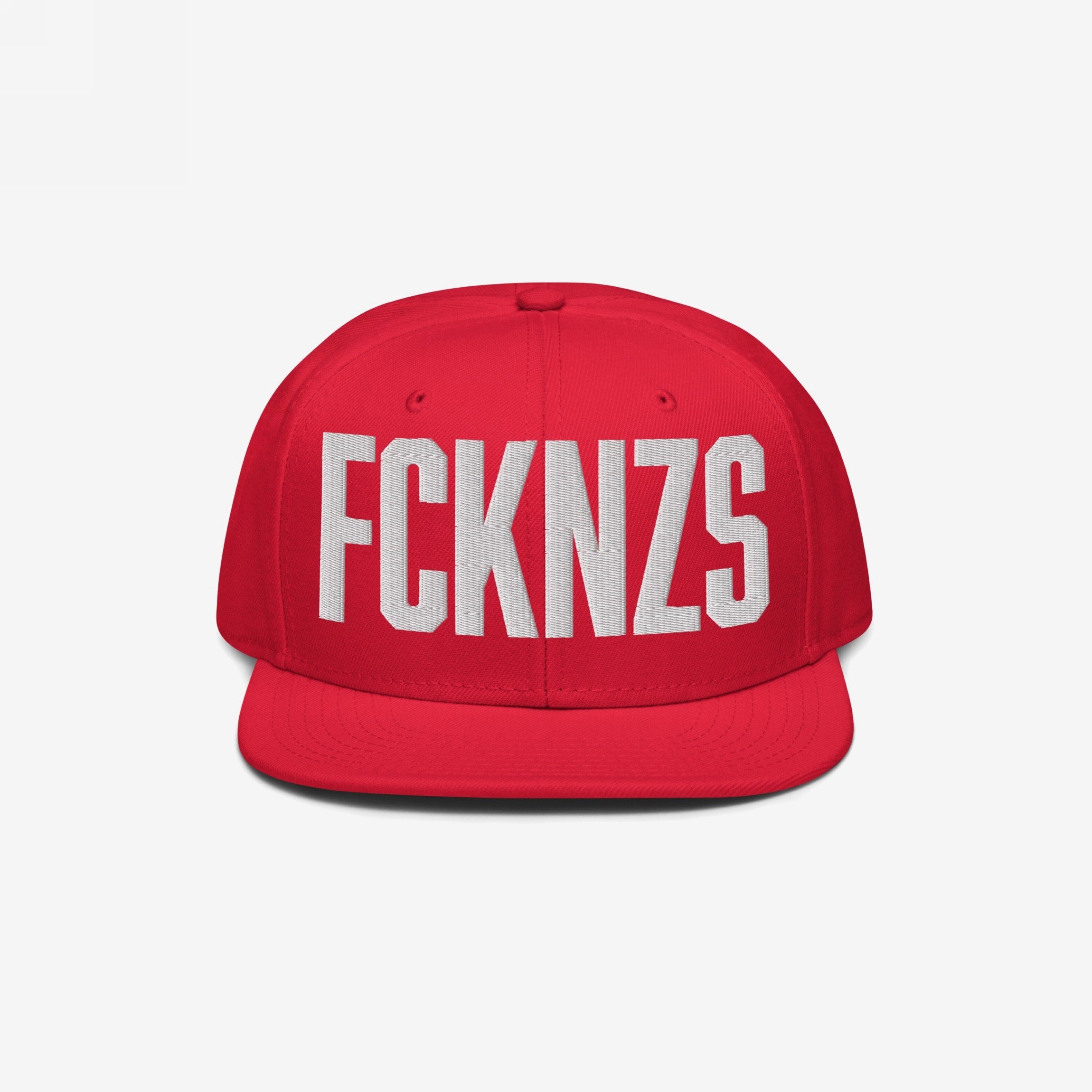 Bright red FCKNZS Hat with flat brim and bold white embroidered letters, symbolizing an anti-fascist stance. Perfect for making a statement at protests, events, or daily wear.