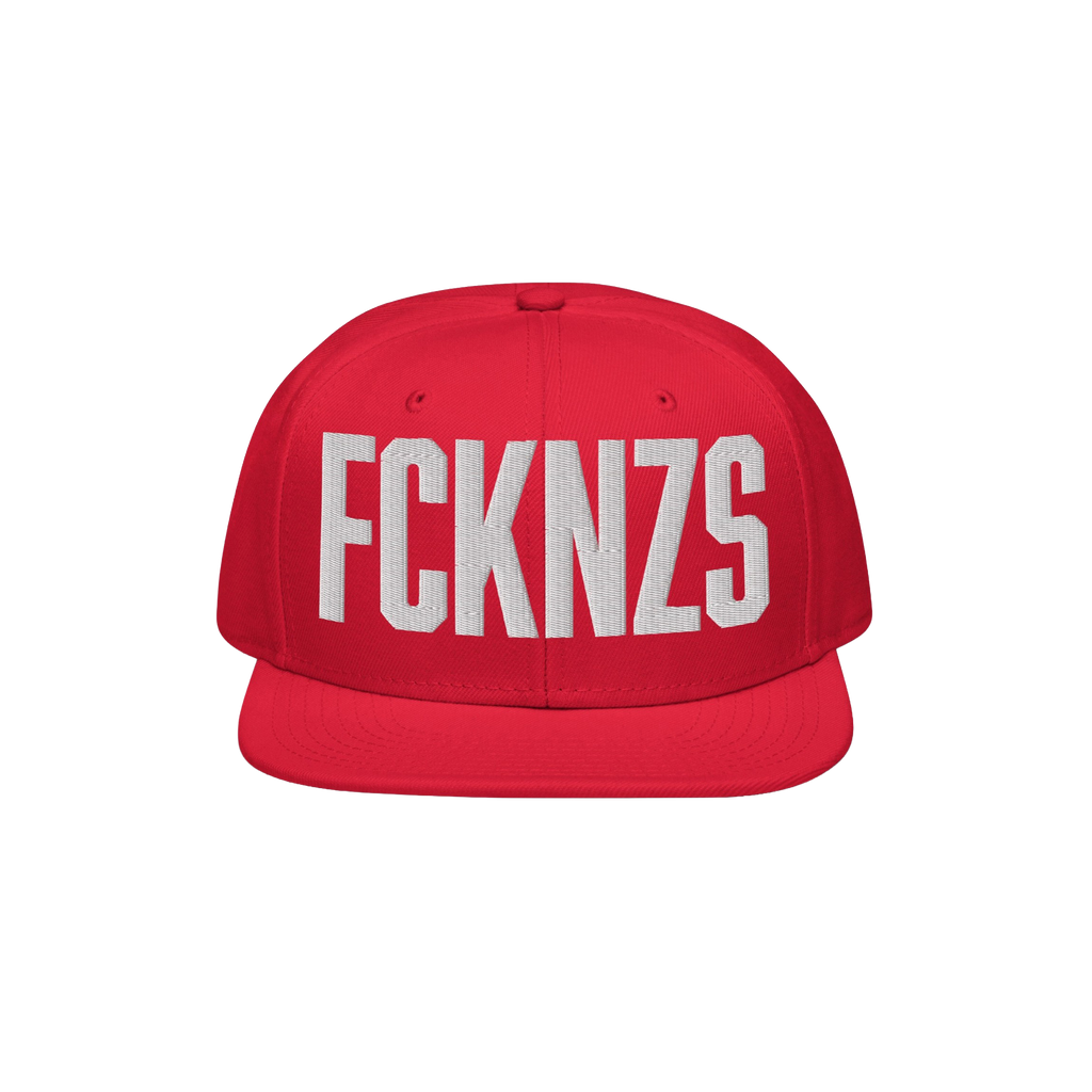 Bright red FCKNZS Hat with flat brim and bold white embroidered letters, symbolizing an anti-fascist stance. Perfect for maki