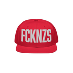 Bright red FCKNZS Hat with flat brim and bold white embroidered letters, symbolizing an anti-fascist stance. Perfect for maki