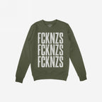 FCKNZS Sweatshirt featuring distressed white text stenciled thrice on olive-green fabric, embodying anti-fascist protest. Crewneck design with a regular fit, ideal for those championing equality and visibility.