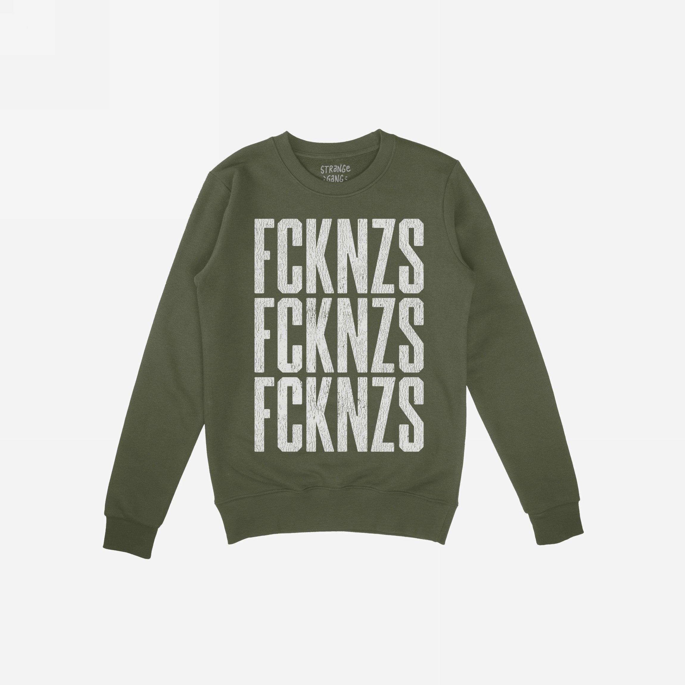 FCKNZS Sweatshirt featuring distressed white text stenciled thrice on olive-green fabric, embodying anti-fascist protest. Crewneck design with a regular fit, ideal for those championing equality and visibility.