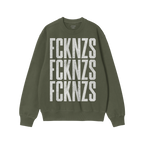 FCKNZS Sweatshirt featuring distressed white text stenciled thrice on olive-green fabric, embodying anti-fascist protest. Cre