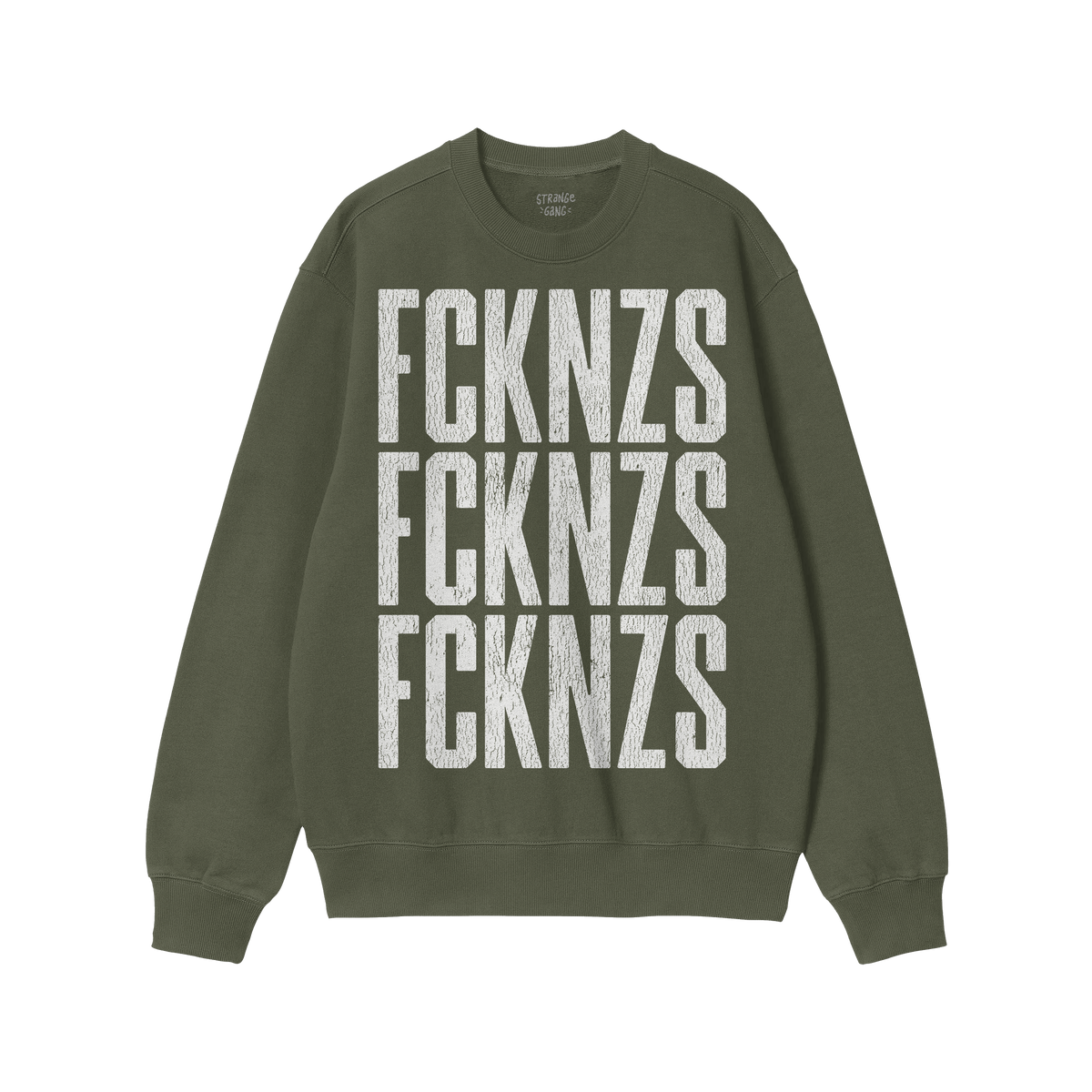 FCKNZS Sweatshirt featuring distressed white text stenciled thrice on olive-green fabric, embodying anti-fascist protest. Cre