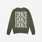 FCKNZS Sweatshirt: Olive-green crewneck sweatshirt with distressed white FCKNZS slogan repeated thrice on the back, embodying anti-fascist protest. Ideal for making a bold, visible statement against hate.