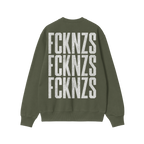 FCKNZS Sweatshirt: Olive-green crewneck sweatshirt with distressed white FCKNZS slogan repeated thrice on the back, embodying