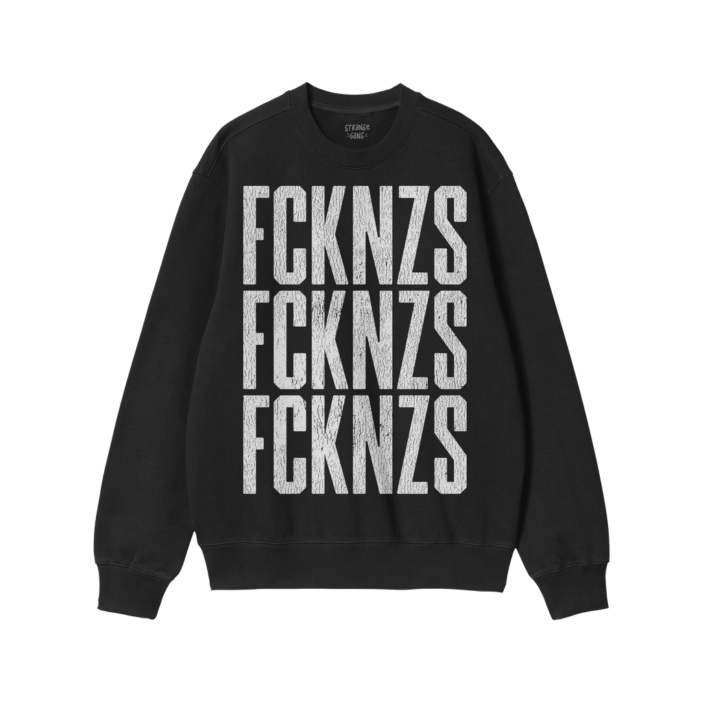 FCKNZS Sweatshirt features bold, distressed white text on a black crew-neck, conveying a strong anti-fascist message. Ideal f