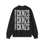 FCKNZS Sweatshirt featuring large distressed white text stacked vertically on the back, expressing a bold anti-fascist messag