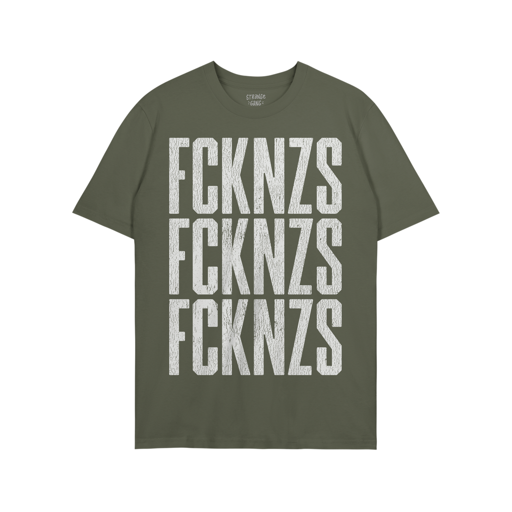 Olive-green FCKNZS T-shirt featuring distressed white block letters for an anti-fascist message, promoting community protecti
