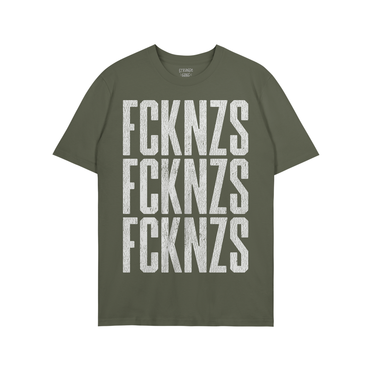 Olive-green FCKNZS T-shirt featuring distressed white block letters for an anti-fascist message, promoting community protecti