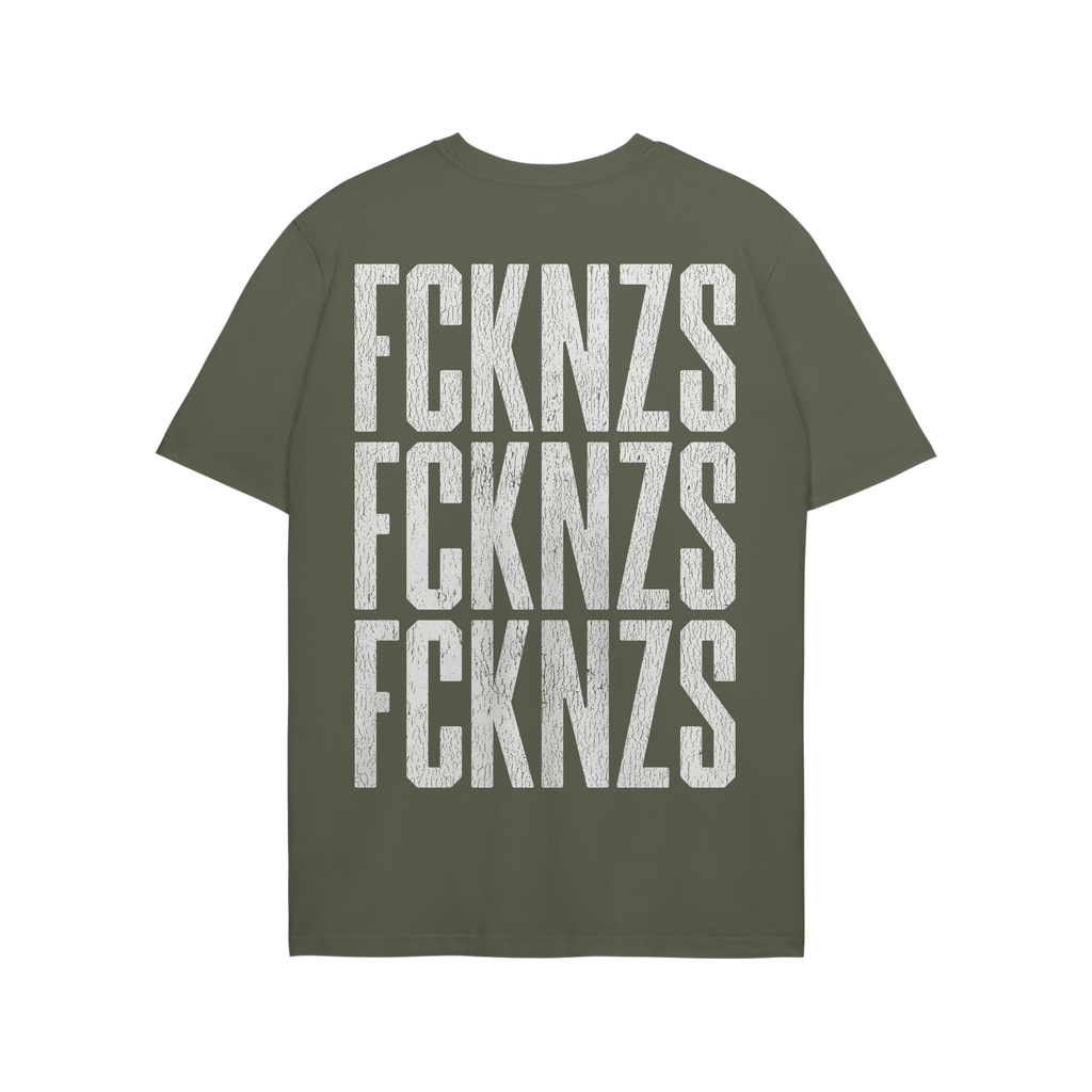 Olive-green FCKNZS T-shirt (back view) displaying bold, distressed white text FCKNZS repeated thrice, embodying an anti-fasci