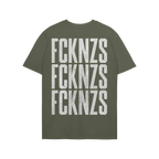 Olive-green FCKNZS T-shirt (back view) displaying bold, distressed white text FCKNZS repeated thrice, embodying an anti-fasci