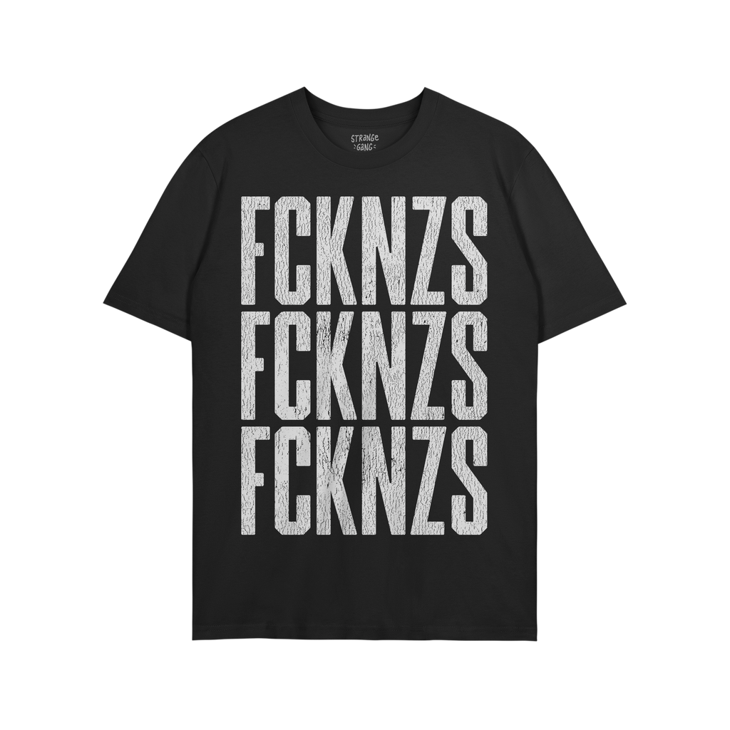 FCKNZS T-shirt features a bold, distressed white FCKNZS print repeated thrice, embodying a strong anti-fascist message in a g