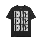 FCKNZS T-shirt features a bold, distressed white FCKNZS print repeated thrice, embodying a strong anti-fascist message in a g