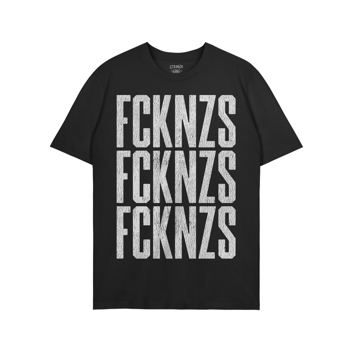 FCKNZS T-shirt features a bold, distressed white FCKNZS print repeated thrice, embodying a strong anti-fascist message in a g