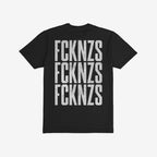 Back view of the FCKNZS T-shirt featuring bold, distressed white text “FCKNZS” repeated three times, conveying a strong anti-fascist message. Ideal for those standing against hate and promoting equality.