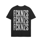 Back view of the FCKNZS T-shirt featuring bold, distressed white text “FCKNZS” repeated three times, conveying a strong a