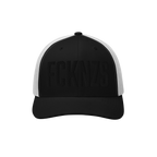 FCKNZS Hat: Black-and-white trucker cap with FCKNZS embroidered in bold black letters, featuring white mesh sides. A statemen