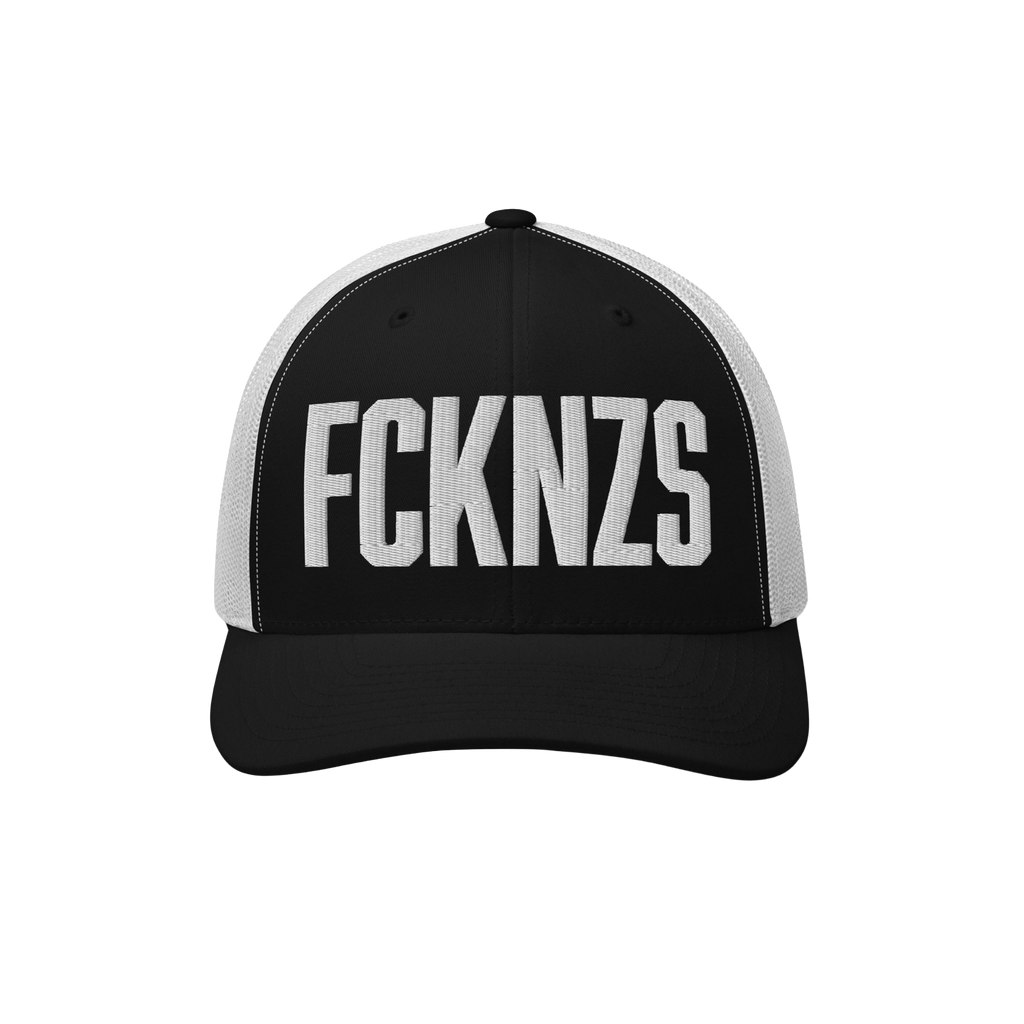 Black-and-white trucker cap featuring bold, white embroidered FCKNZS letters, symbolizing an anti-fascist message.