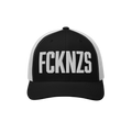 Black-and-white trucker cap featuring bold, white embroidered FCKNZS letters, symbolizing an anti-fascist message.