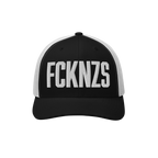 Black-and-white trucker cap featuring bold, white embroidered FCKNZS letters, symbolizing an anti-fascist message.