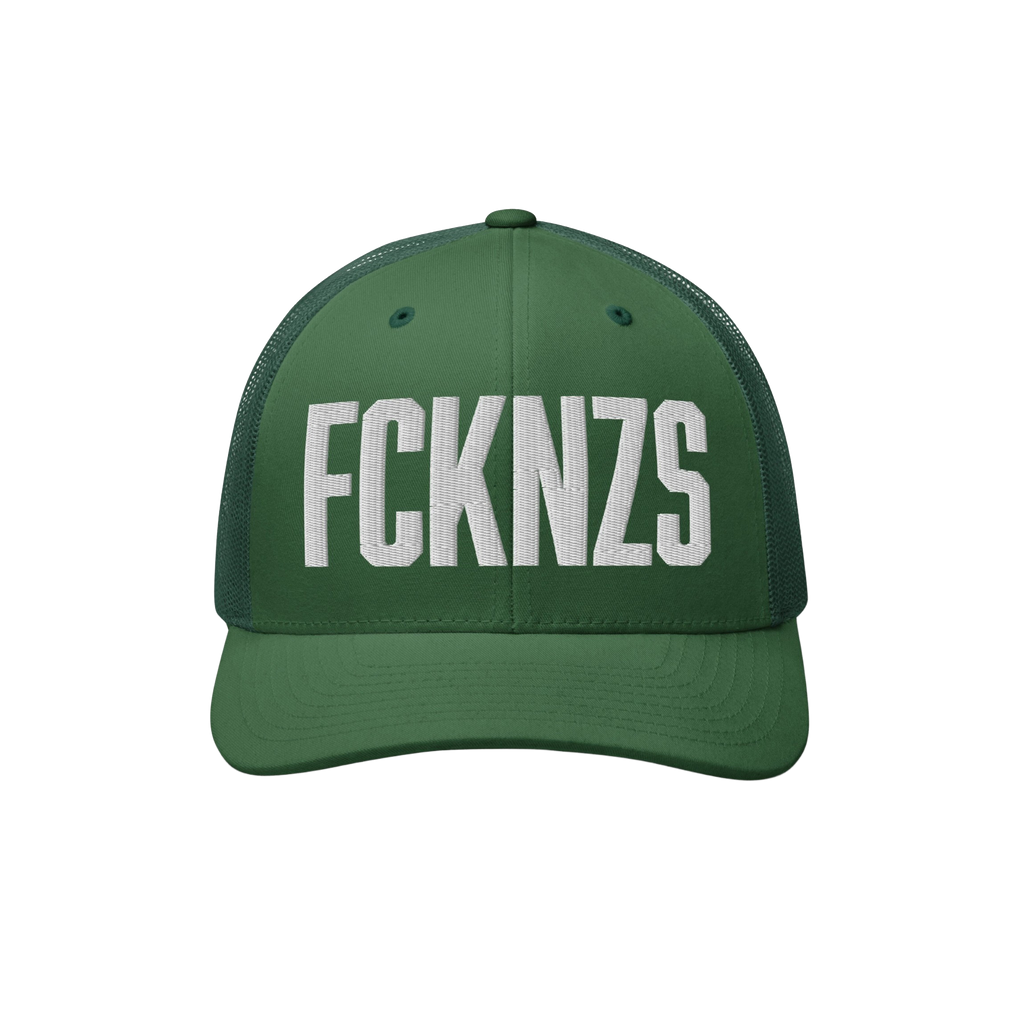 Dark-green FCKNZS Hat featuring white block-letter embroidery, curved brim, and mesh back panels. This trucker cap embodies a