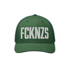 Dark-green FCKNZS Hat featuring white block-letter embroidery, curved brim, and mesh back panels. This trucker cap embodies a